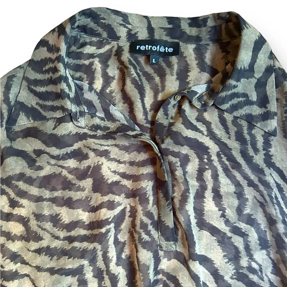 Retrofete Sheer Silk Button Up Shirt Animal Print Tiger black tan Size Large - Picture 2 of 9